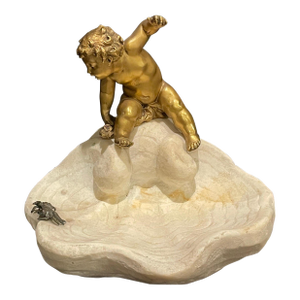 Late 19th Century French Gilt Bronze Boy On Carved Marble Shell With Crab