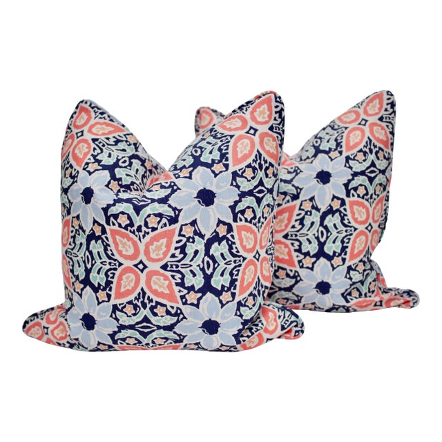 John Robshaw "Amba" 22" Square Hand Printed Linen Pillows - a Pair For Sale