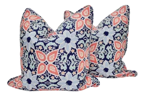 John Robshaw "Amba" 22" Square Hand Printed Linen Pillows - a Pair