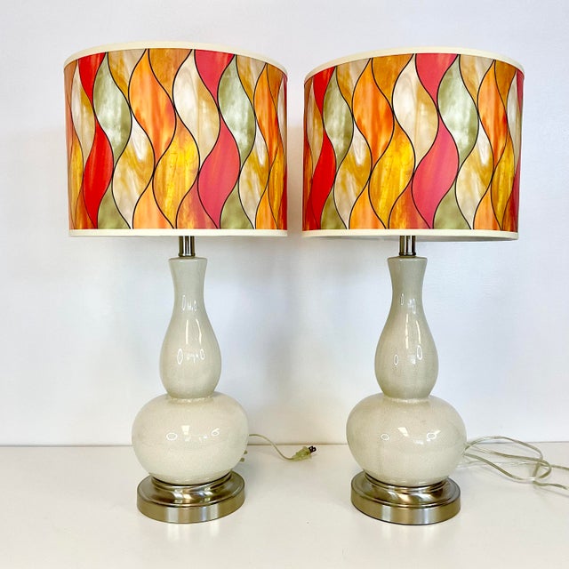 Ceramic 1980s Double Gourd Crackle Ceramic Table Lamps, New Flame Shades - A Pair For Sale - Image 7 of 11