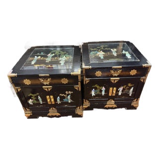 Pair of Black Lacquered Chinese Cabinets With Mother-of-Pearl Inlay For Sale