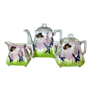 Vintage Gr Japan Hand Painted Tea Serving Set - Butterflies & Flowers, Gold Accents, Gold Dots Trim- 3 Pieces For Sale