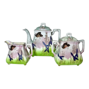 Vintage Gr Japan Hand Painted Tea Serving Set - Butterflies & Flowers, Gold Accents, Gold Dots Trim- 3 Pieces