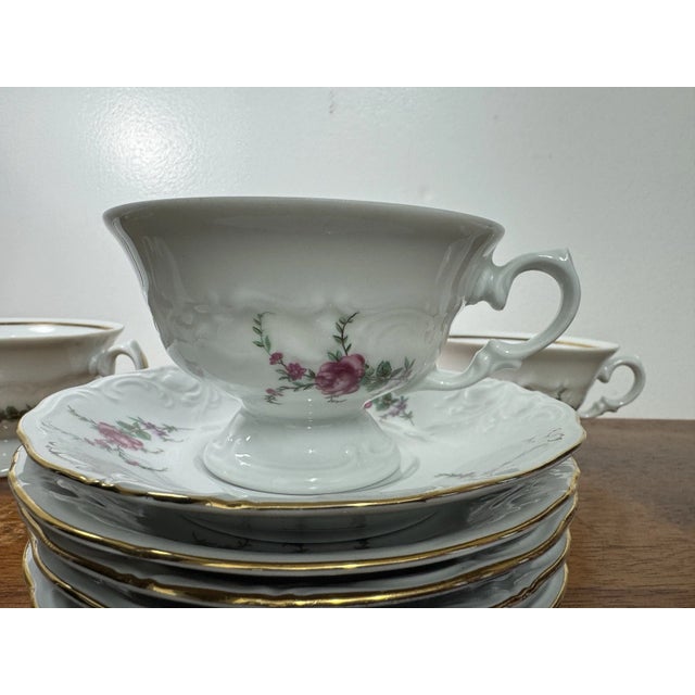 Vintage Wawel Poland Porcelain Tea Cup Saucer Set 5 Floral Gold Trim - 10 Pcs For Sale - Image 17 of 18