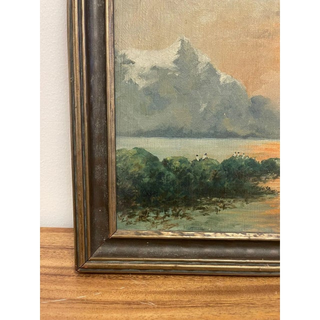 Circa 1930s Vintage Framed Original Painting of a Sunset Over a Lake For Sale - Image 4 of 8