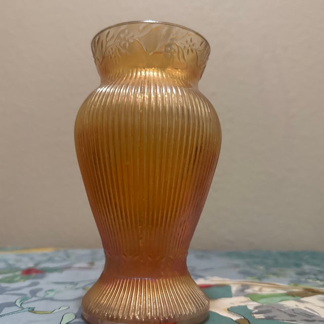 1920s Early American Carnival Glass "Prism & Daisy Band" Marigold Ribbed Vase For Sale In Minneapolis - Image 6 of 7