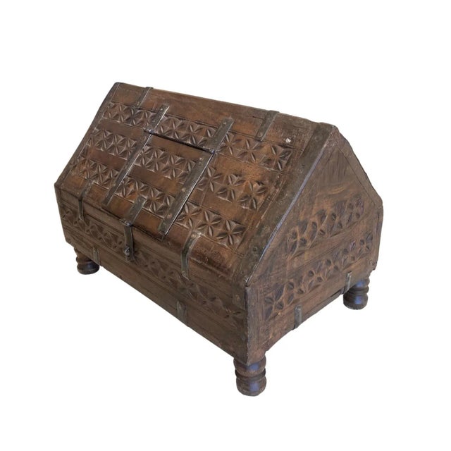 Early 20th Century Rustic Indian Hand-Carved Wood Money Box For Sale - Image 4 of 12