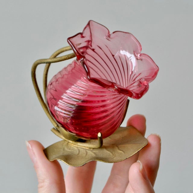 Victorian Thomas Webb Victorian Cranberry Glass Flower Salt Cellar Pair – English Antique Glass With Metal Mounts For Sale - Image 3 of 11