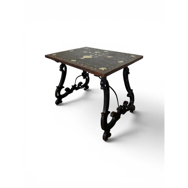 Spanish Baroque Style Side Table with Floral Marquetry Top and Ebonized Base, 1930 For Sale - Image 15 of 15
