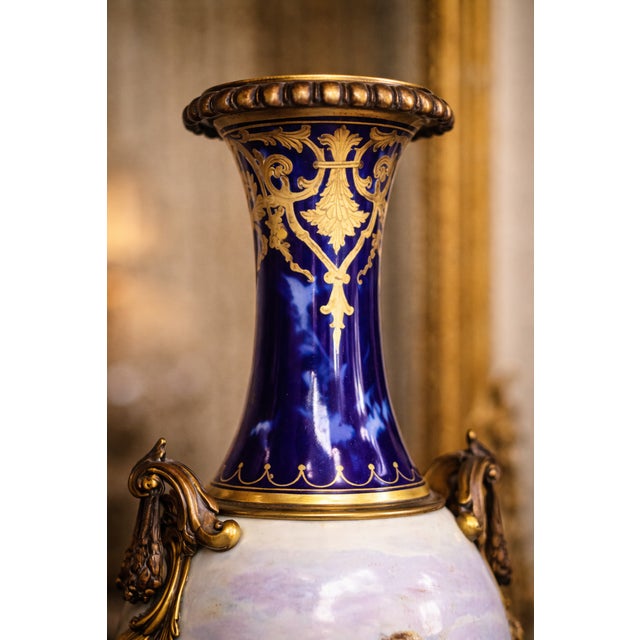 1850s Sevres Louis XVI Blue Bronze Porcelain Vases - Pair For Sale - Image 6 of 18