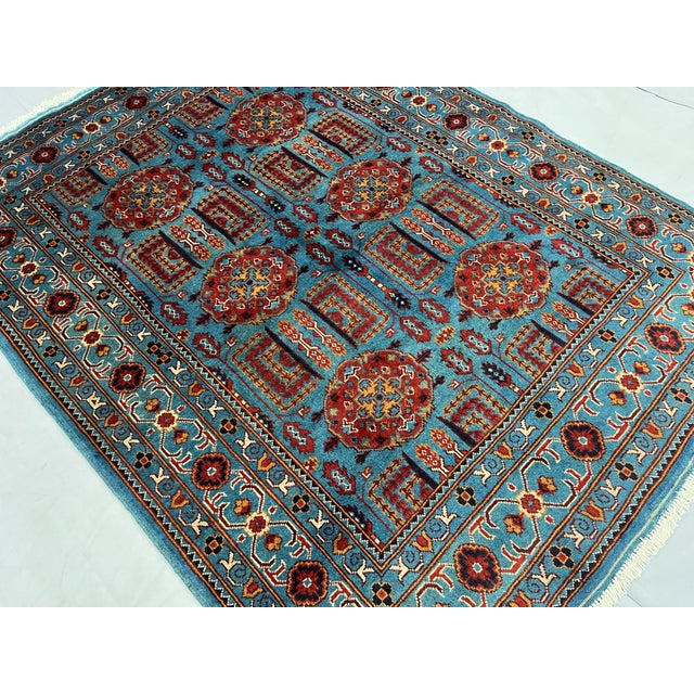 1990s Turquoise Blue and Red Wool Area Rug, Tribal Geometric Medallion Design For Sale - Image 5 of 14