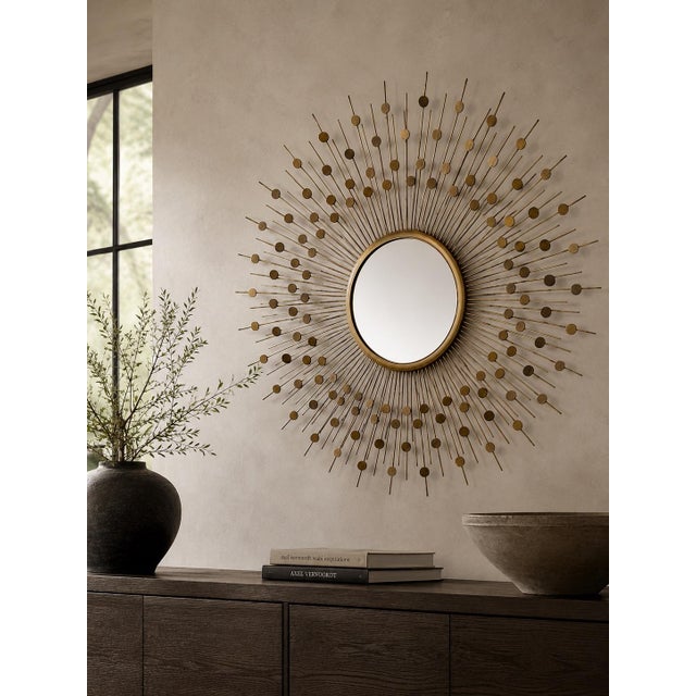2000 - 2009 Large Brass Convex Sunburst Wall Mirror | Mid-Century Modern Atomic Style | 34” For Sale - Image 5 of 8