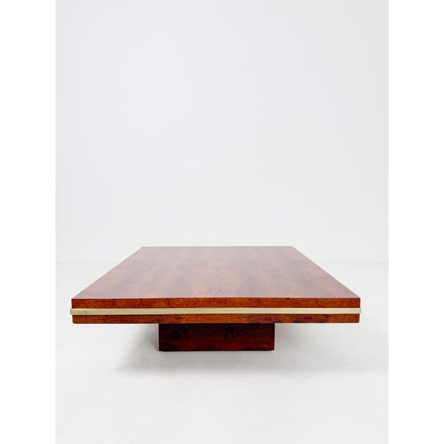 Mid-Century Modern Italian Square Coffe Table in Burl Wood and Brass, 1970s For Sale - Image 6 of 18