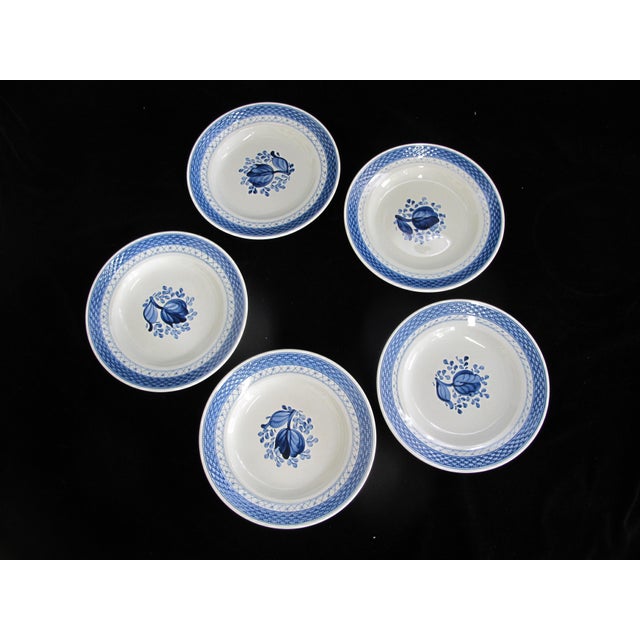 Royal Copenhagen, Denmark, Aluminia Faience Tranquebar blue pattern plate set of 5. Cobalt blue flower framed by basket...
