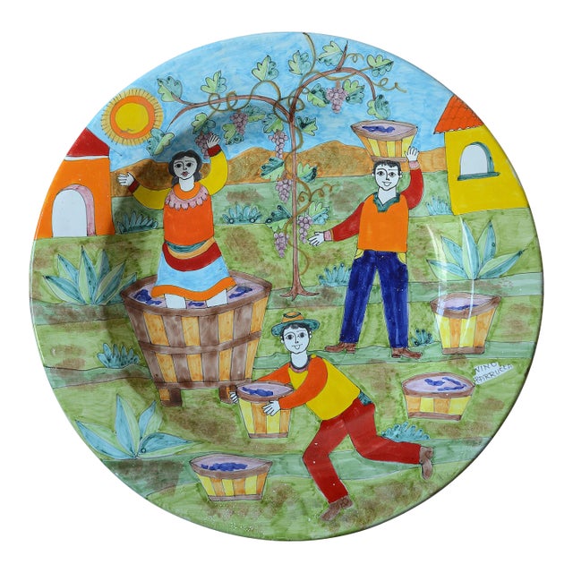 Vintage Extra Large 22" Hand-Painted Nino Parrucca Wine Makers Decorative Wall Ceramic Plate For Sale