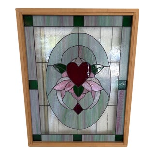 Vintage Art Nouveau Style Framed Stained Glass Heart Window Panel For Sale