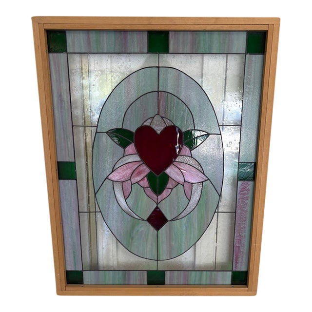 Vintage Art Nouveau Style Framed Stained Glass Heart Window Panel For Sale