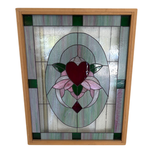 Vintage Art Nouveau Style Framed Stained Glass Heart Window Panel