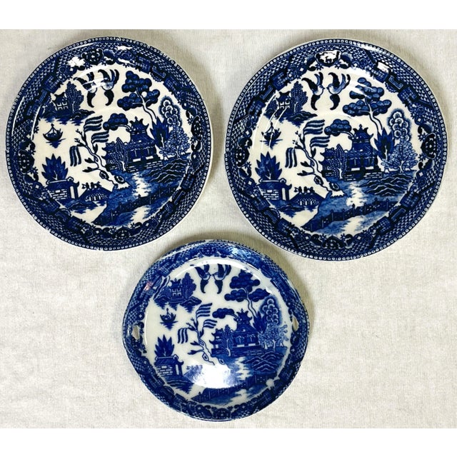 Traditional Collection of Early 1900's Chinoiserie Decorated Willow Transferware Small Plates- Set of 3 For Sale - Image 3 of 12