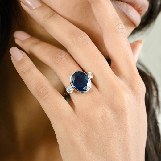 Art Deco Oval Sapphire Diamond 18k Gold Cocktail Ring Size 5.5 For Sale In New York - Image 6 of 12