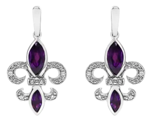 .925 Sterling Silver Marquise Cut Amethyst and Diamond Accent Fleur De Lis Dangle Stud Earrings (H-I Color, SI1-SI2 Clarity)