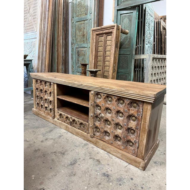 Wood Vintage Hand-Carved Solid Wood Sideboard | Rustic Buffet Credenza Tv Console For Sale - Image 7 of 8