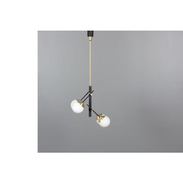 Vintage Pendant Light in Black Metal, Brass & Opaline Glass, 1950s For Sale - Image 3 of 10