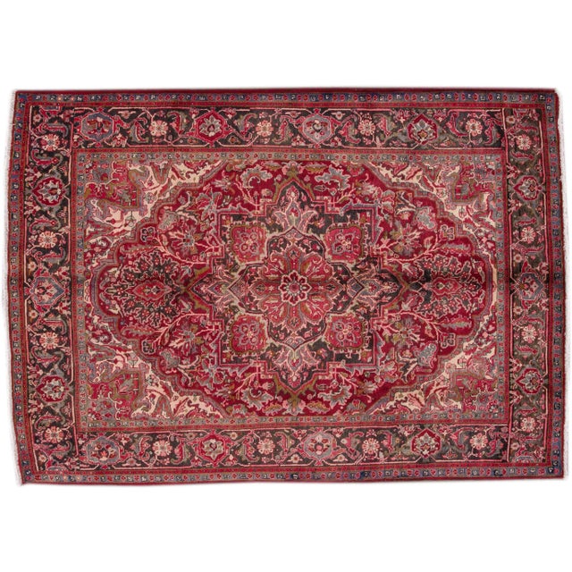 1960s Vintage Persian Heriz Handmade Ruby-Red Floral Wool Rug For Sale - Image 5 of 6