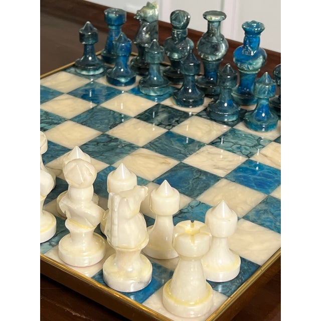 Mid-Century Modern Chinese Stone Chess Set on Brass Framed and Footed Board in Blue and White, 1960s For Sale - Image 3 of 15