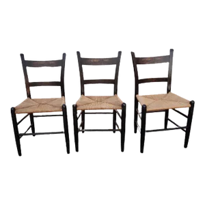 Mid 20th Century Antique Murphy Furniture Ebonized Ladder Back With Rush Seat Side Chairs Set of 3