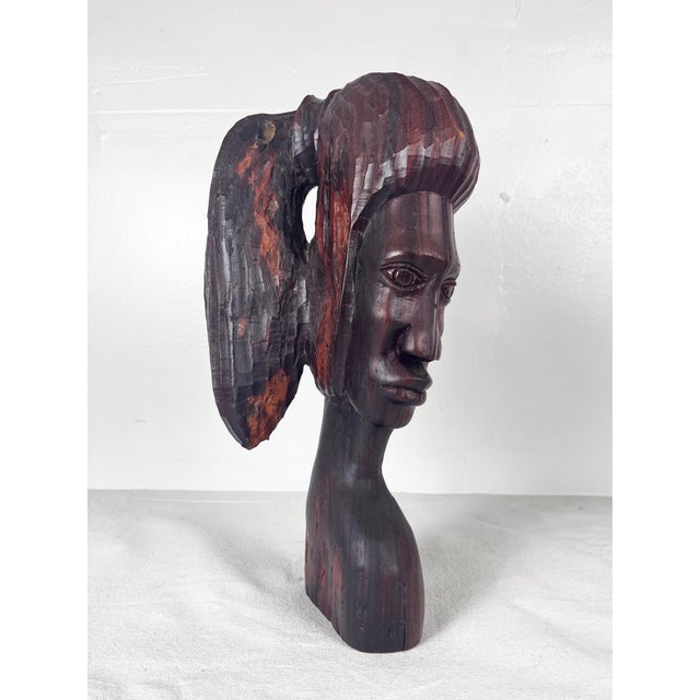 Vintage Carved Wood Woman With Ponytail Bust Sculpture For Sale - Image 4 of 9