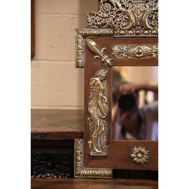 19th Century French Napoleon III Repousse Brass and Pine Wall Mirror For Sale In Dallas - Image 6 of 8