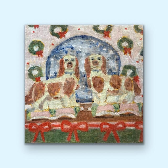 A charming and nostalgic celebration of holiday décor, this original 12x12” acrylic painting captures a pair of classic...
