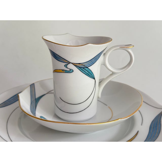 Modern Form Wellenspiel Waterfowl Turquoise Coffee Cup with Saucer and Plate from Meissen, 1990s, Set of 3 For Sale - Image 3 of 11