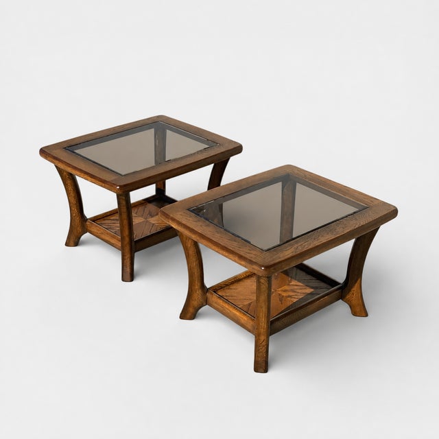 Pair of Late Mid-Century Oak Side Tables With Smoked Glass Tops, Mid-Century Modern, 1970s For Sale - Image 13 of 18