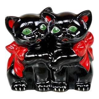 Vintage Porcelain Double Black Cat Indoor Planter For Sale