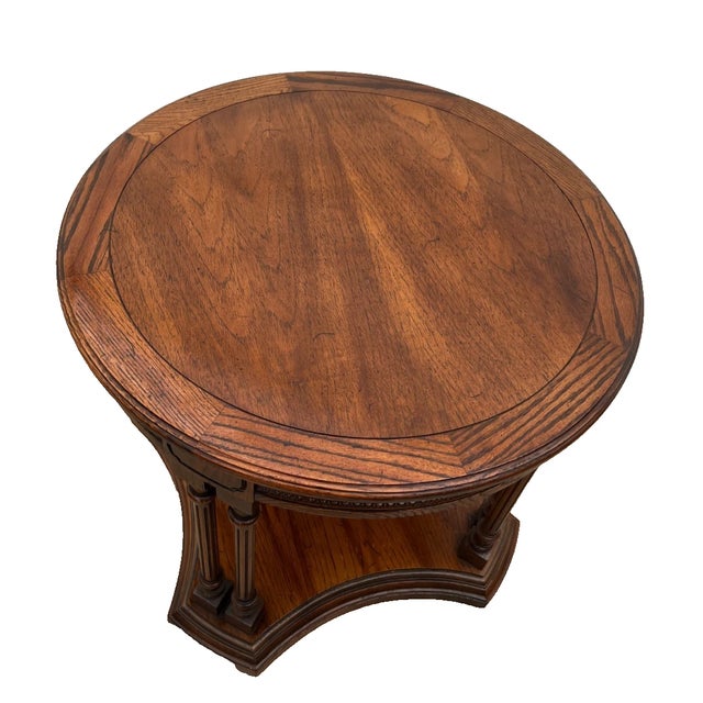 Brown Vintage Round Side Table With Bottom Shelf Double Column Legs Solid Oak For Sale - Image 8 of 12