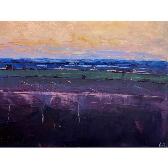 Sunset by Sandra Pratt | Oil on Cradled Board Landscape with a colorful sky at dusk For Sale - Image 4 of 5