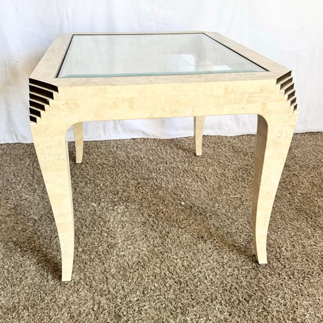 Postmodern Tessellated Stone and Brass Glass Top Side Table For Sale - Image 9 of 10