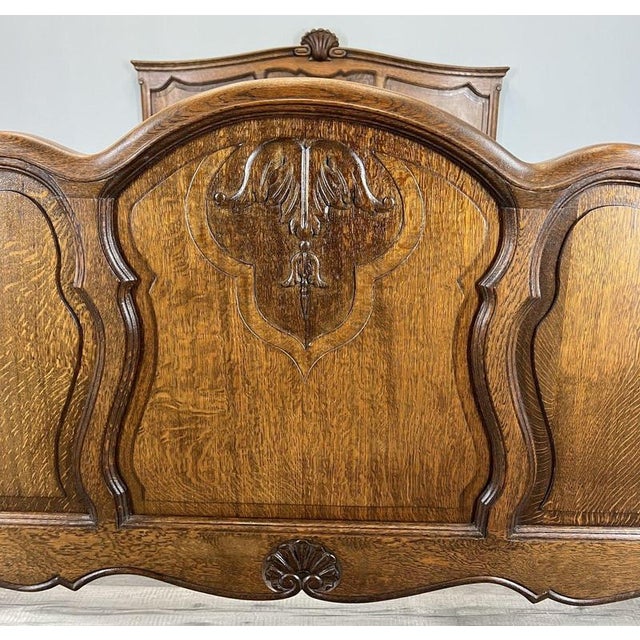 Vintage French Louis XVI Style Oak Double Bed Frame with Carved Headboard For Sale - Image 4 of 10