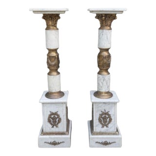 Antique French Empire Bronze Ormolu White Marble Pedestals - A Pair For Sale