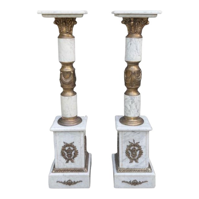 Antique French Empire Bronze Ormolu White Marble Pedestals - A Pair For Sale