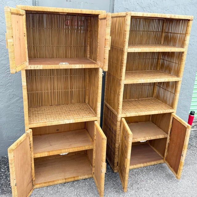 Boho Chic Blonde Wicker Cabinet/Etageres - A Pair For Sale - Image 4 of 11