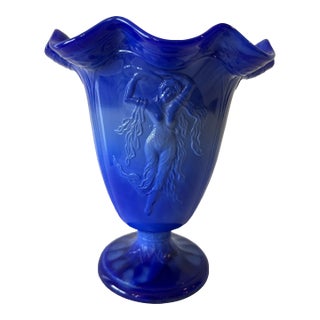 Original 1934-1935 Fenton Periwinkle Blue “Dancing Ladies (#901)” Footed Vase With Ruffled Rim For Sale