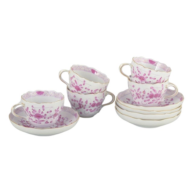 Pink Indian Porcelain Tea Set from Meissen, Set of 10 For Sale