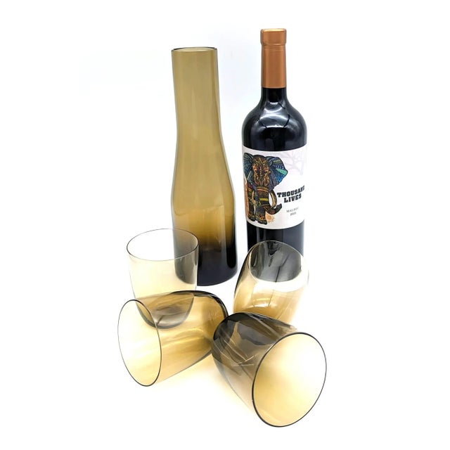 Glass Vintage Scandinavian Smoke Brown Blown Glass Carafe and Tumblers, Set of 5 For Sale - Image 7 of 10