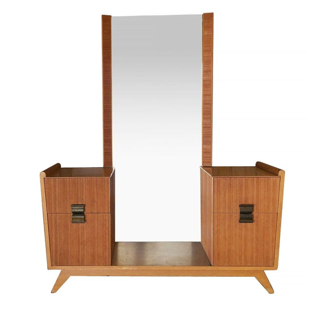 Art Deco 1940s Mid-Century Combed Wood Vanity W/ Stool by Paul Frankl for Brown Saltman, Attributed For Sale - Image 3 of 10