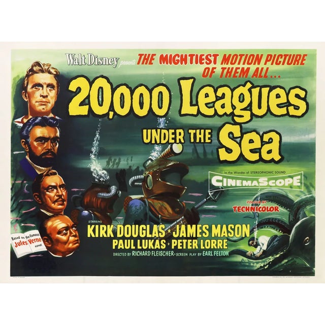"20000 Leagues Under The Sea" Original Vintage British Quad Movie Poster, 1955 For Sale