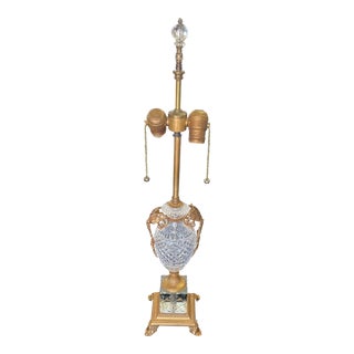1930s Art Deco Waterford Carved Crystal Style Brass Lamp For Sale