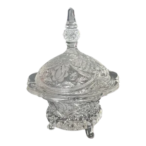 Brilliant Lead Crystal Candy Dish With Etched Closed Roses and Vines 3 Legged